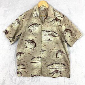Go Barefoot Hawaiian Fish Shirt Mens Large Short Sleeve Button Up Tan Swordfish‎